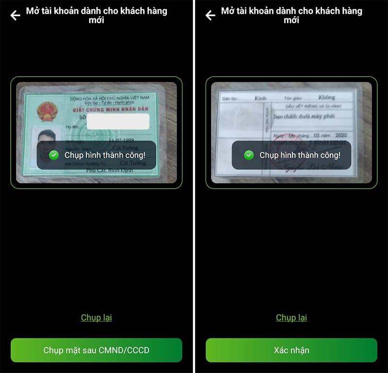 Chụp rõ ràng, đầy đủ và trọn vẹn hai mặt giấy tờ tuỳ thân của bạn để VCB Digibank định danh khách hàng điện tử