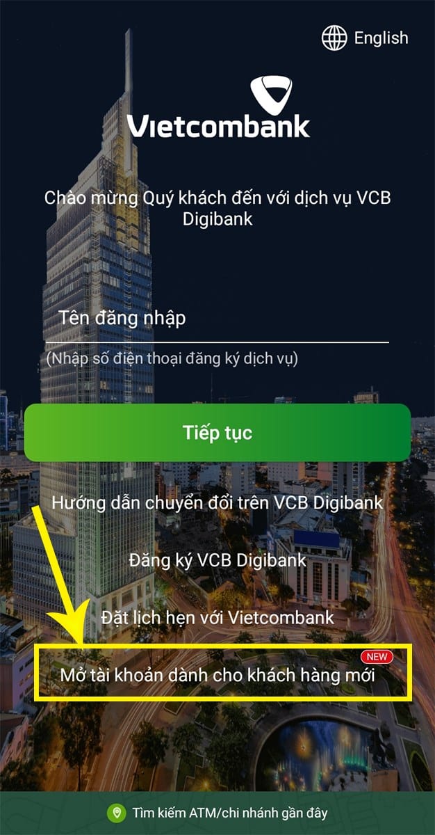 Mở ứng dụng VCB Digibank đã tải về điển thoại lên và chọn mục "Mở tài khoản dành cho khách hàng mới"