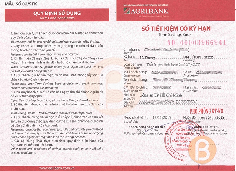 Sổ tiết kiệm của ngân hàng Agribank