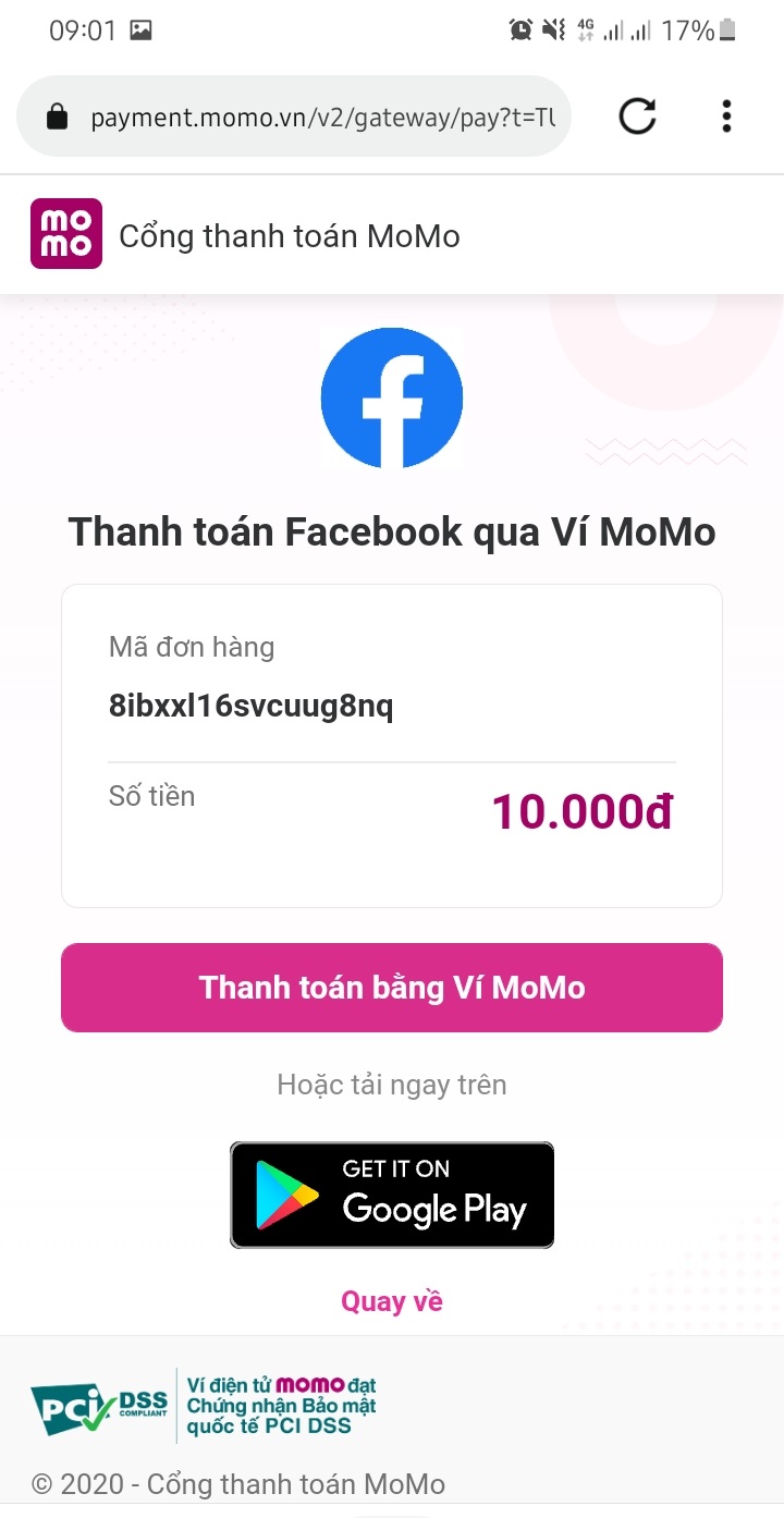 thanh toán quảng cáo facebook bằng momo