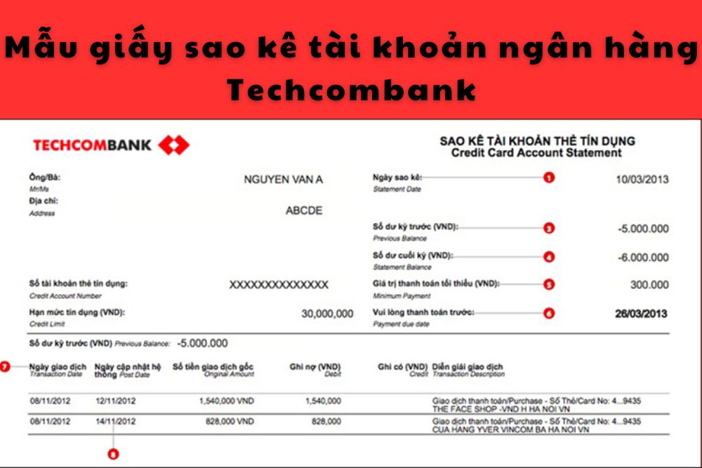 mẫu sao kê tài khoản ngân hàng Techcombank