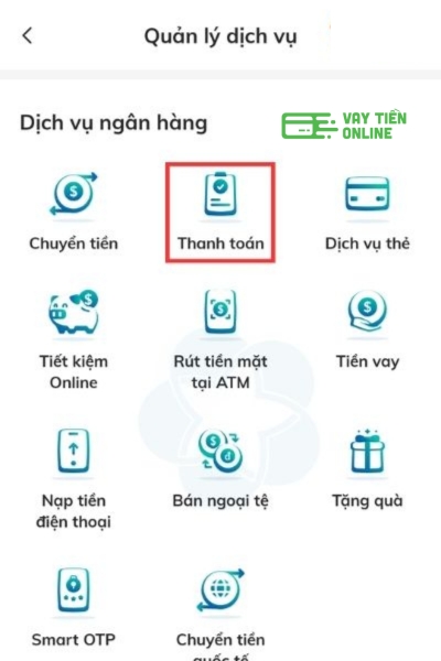 Truy cập vào ứng dụng BIDV SmartBanking trên điện thoại, đăng nhập vào tài khoản và chọn "Thanh toán".
