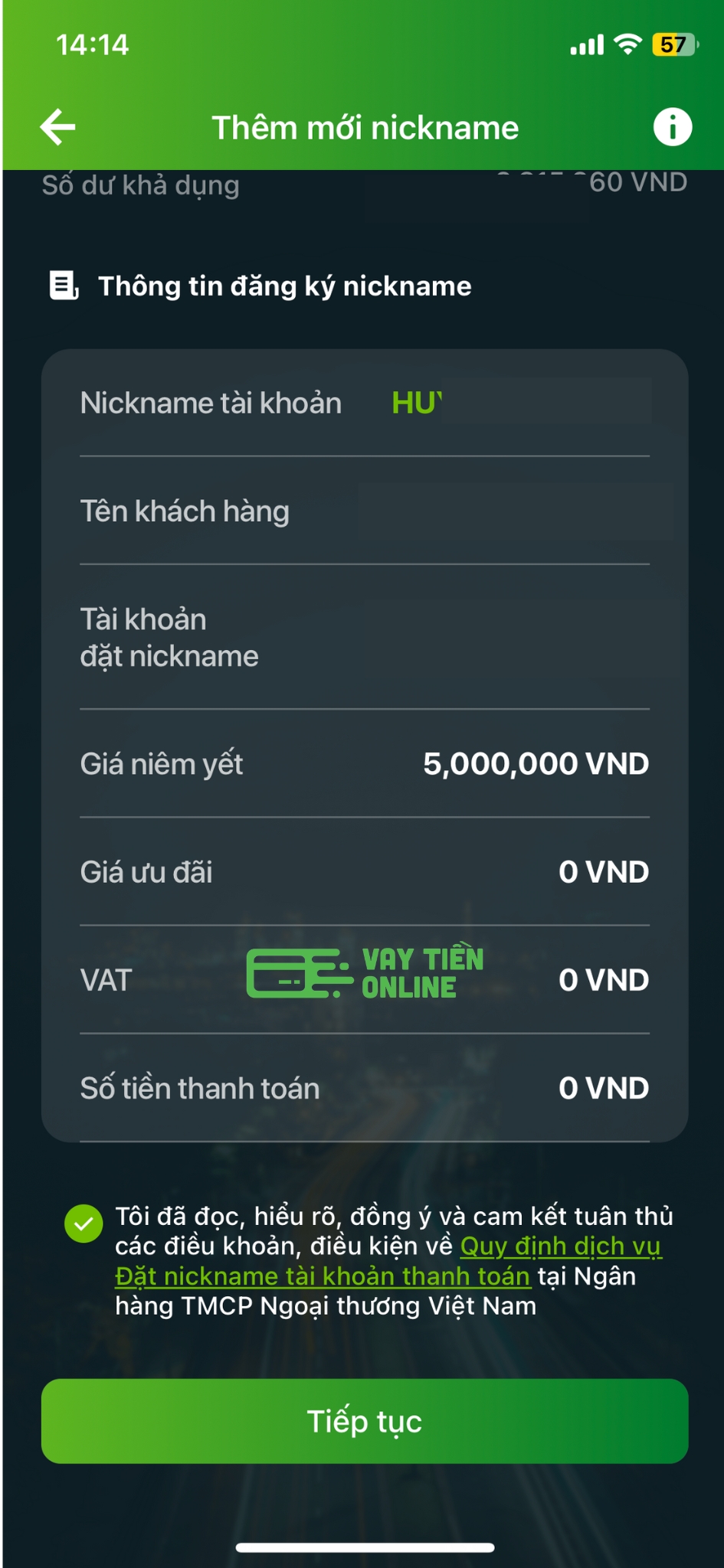 Đặt nickname tài khoản Vietcombank bước 5