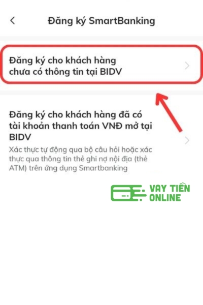 Trên màn hình đăng nhập, chọn "Đăng ký" và sau đó chọn mục "Đăng ký cho khách hàng chưa có thông tin tại BIDV".